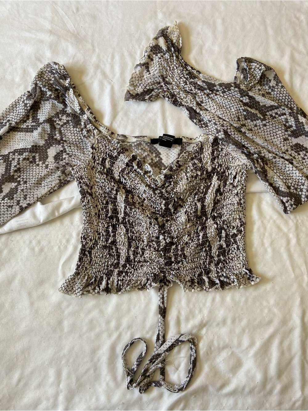 Forever 21 Taupe and Black Smocked Snake-Print Puff Sleeve Crop Top